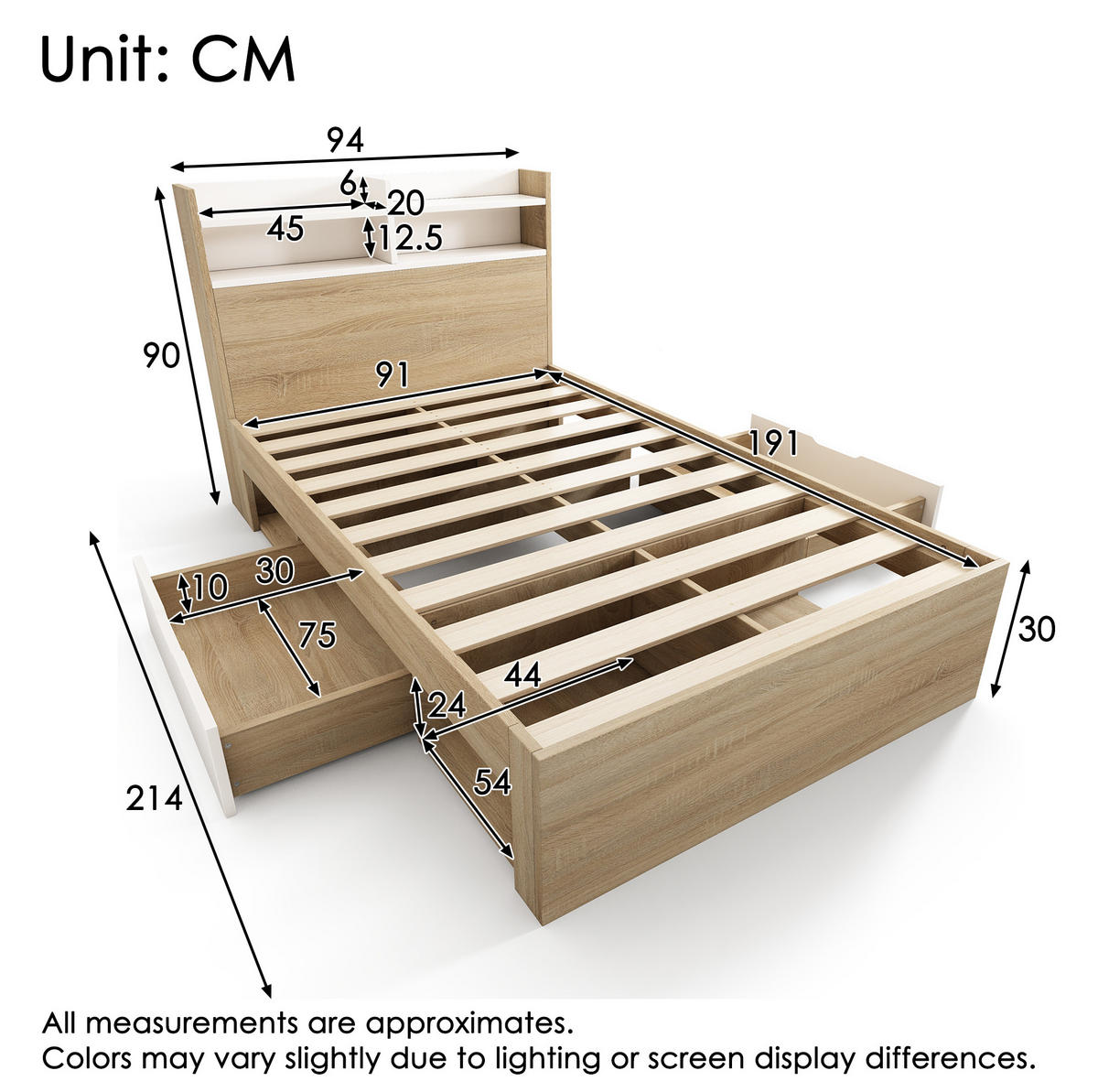 EINZELBETT 90/190 cm Weiß aus Massivholz mit Stauraum und Kopfteilablage - Weiß, Holzwerkstoff (90/190cm) - OKWISH