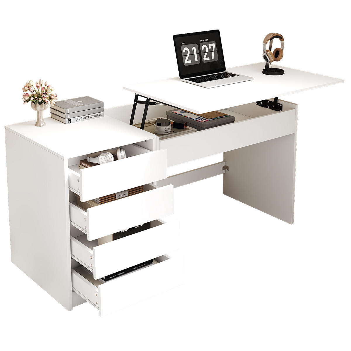 SCHREIBTISCH Weiß 120/50/78-92 cm mit 4 Schubladen manuell höhenverstellbar - Weiß, Holzwerkstoff (50/120/78cm) - PANGIVO