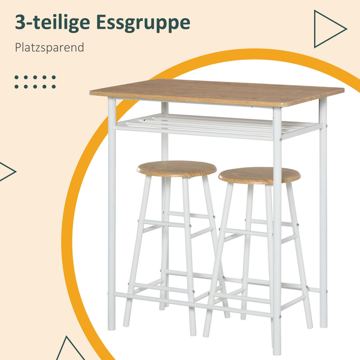BARTISCH Set 3-teilig Küchentisch mit Stuhl Stehtisch Barhocker Stahl Weiß+Eiche - Weiß, Kunststoff (50/90/80cm) - HOMCOM