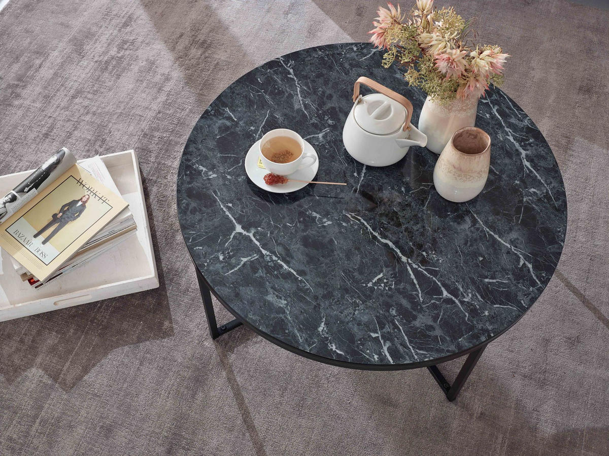 COUCHTISCH mit Marmor-Optik und Hochglanz-Finish, rund, Schwarz 80x80x35 cm - Schwarz, Holz/Metall (80/80/35cm) - KADIMA DESIGN