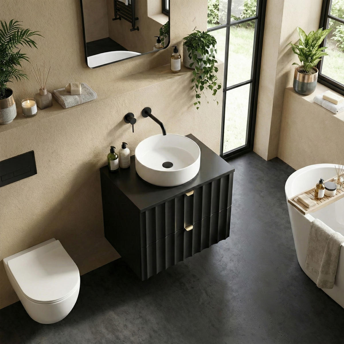 WASCHBECKENUNTERSCHRANK Azore 2 Schubladen Schwarz Matt - 60 x 46 x 52 cm - Schwarz, Holz (60/46/50cm) - Badplaats