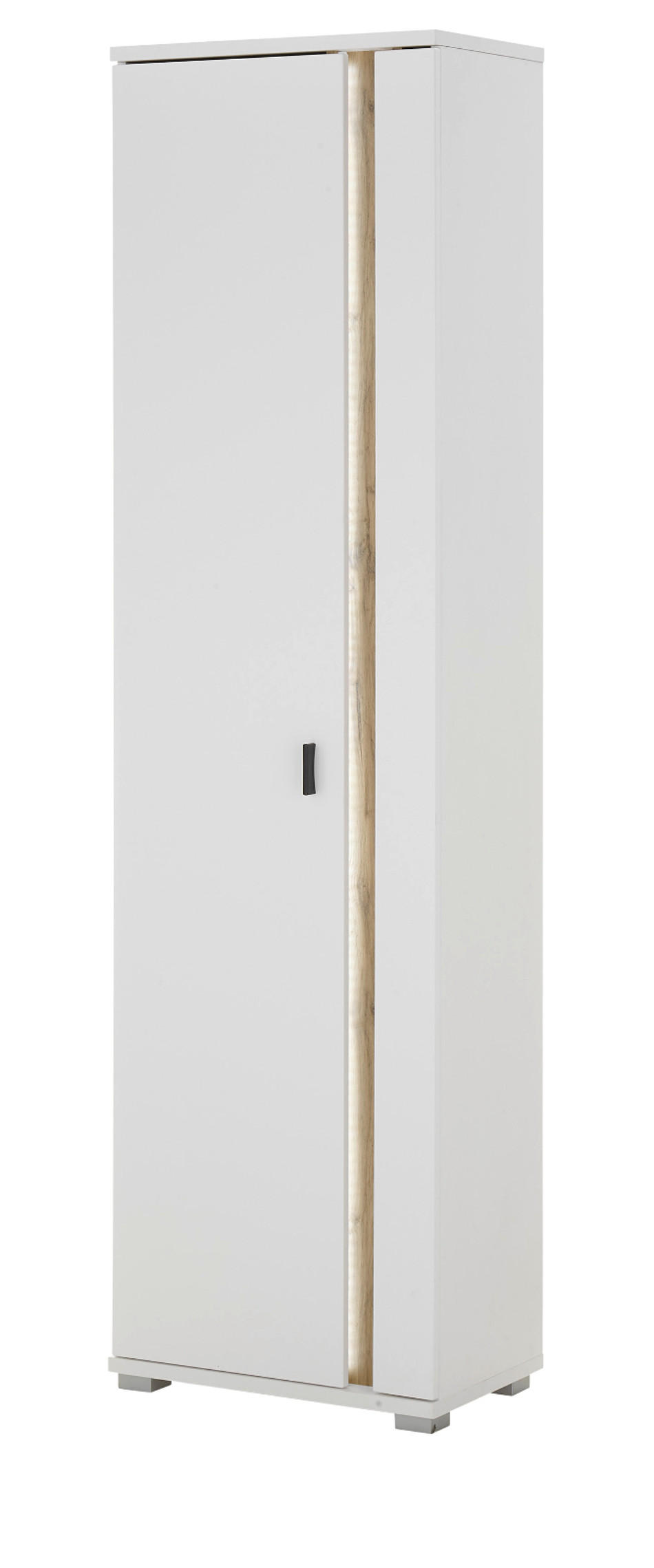 STAURAUMSCHRANK weiß matt, Eiche Wotan 55 x 200 cm, Mehrzweckschrank inklusive Frontbeleuchtung - Silberfarben/Eiche Wotan, Holzwerkstoff/Kunststoff (55/200/35cm) - Furn.Design