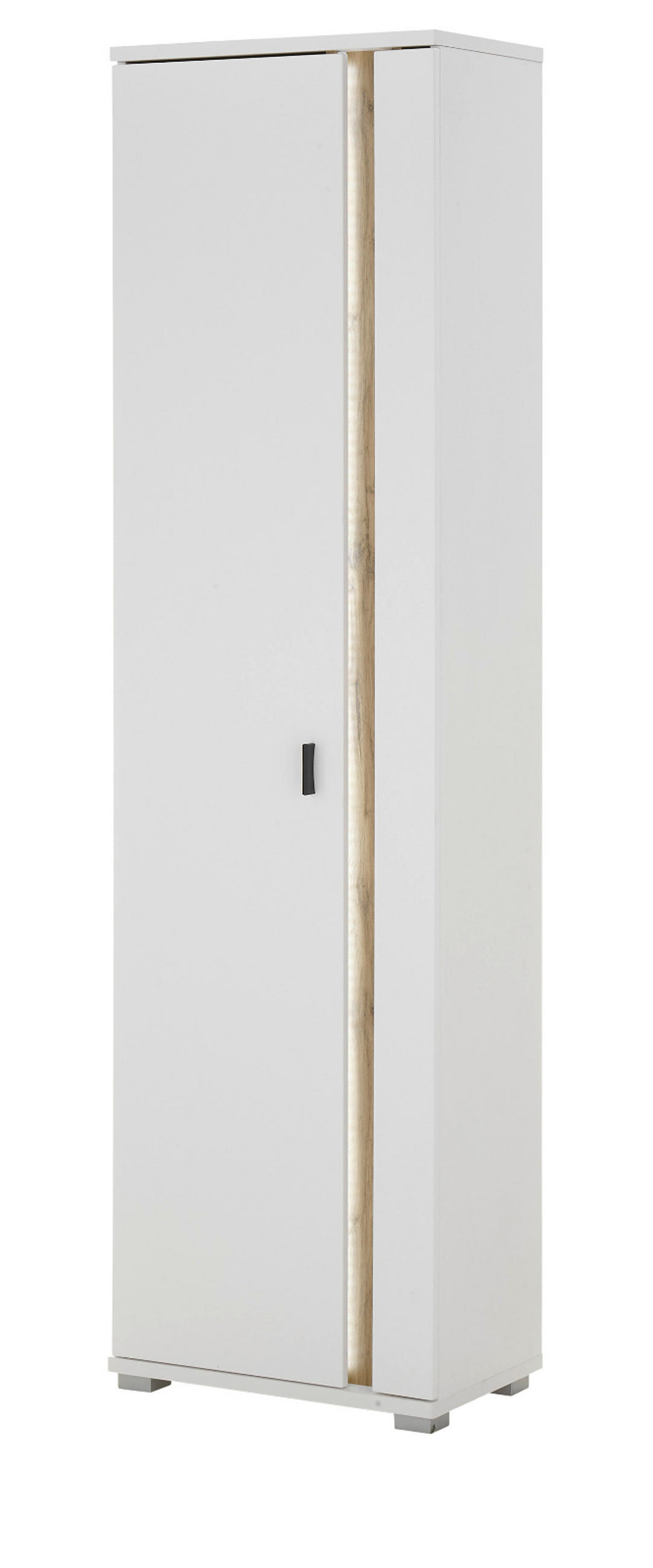 STAURAUMSCHRANK weiß matt, Eiche Wotan 55 x 200 cm, Mehrzweckschrank inklusive Frontbeleuchtung - Silberfarben/Eiche Wotan, Holzwerkstoff/Kunststoff (55/200/35cm) - Furn.Design