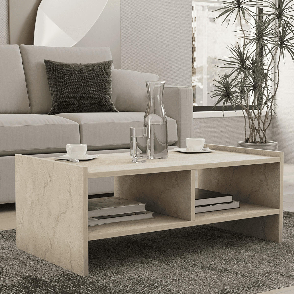 COUCHTISCH mit 2 offenen fächern, travertin-dekor - pera 90/50/35 cm - Beige, Holzwerkstoff (90/50/35cm) - Calicosy