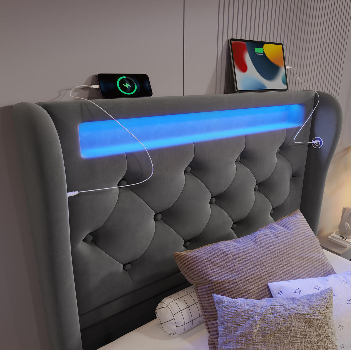 POLSTERBETT 90/200 cm Grau aus Samt mit LED und Stauraum - Grau, Textil (90/200cm) - OKMYHOME