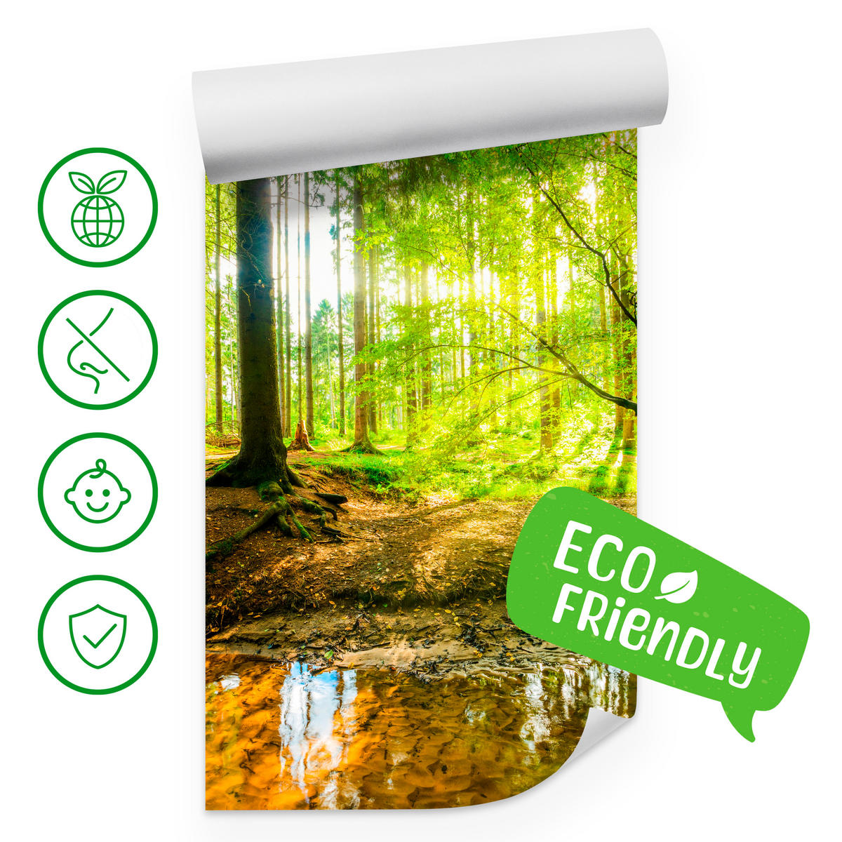 FOTOTAPETE für Wohnzimmer Waldlandschaft Bäume Blätter Frühling Grün 200x140 - Gelb/Orange, Papier (200/140cm) - Muralo