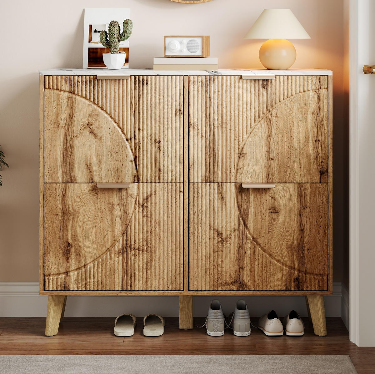SCHUHSCHRANK aus MDF 105x24x95,5cm in Natur mit 4 Klapptüren - Naturfarben, Holzwerkstoff (105/95.5/24cm) - Modfu