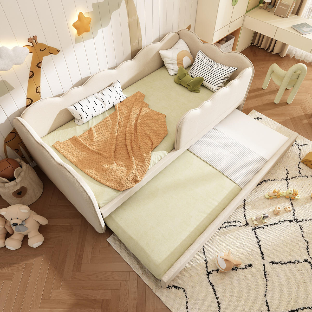 KINDERBETT 90/190 cm & 90/190 cm in Beige Leinen mit Ausziehbett - Beige, Holzwerkstoff/Textil (90/190cm) - WISHDOR