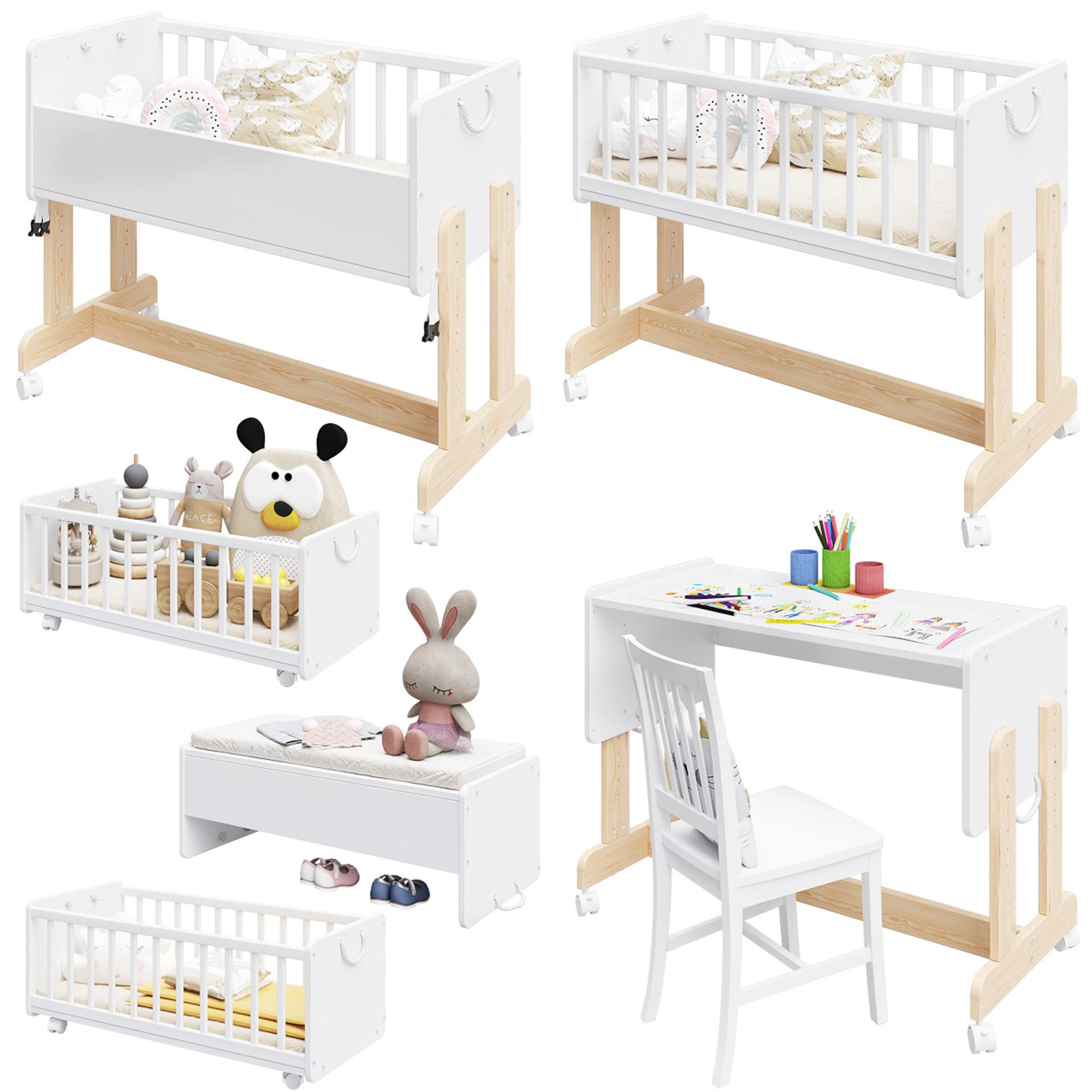 BEISTELLBETT Ornella, Wiege 5 in 1 inkl. Matratze Weiß und Kiefer - Kieferfarben, Holz (40/90cm) - Premiers Moments