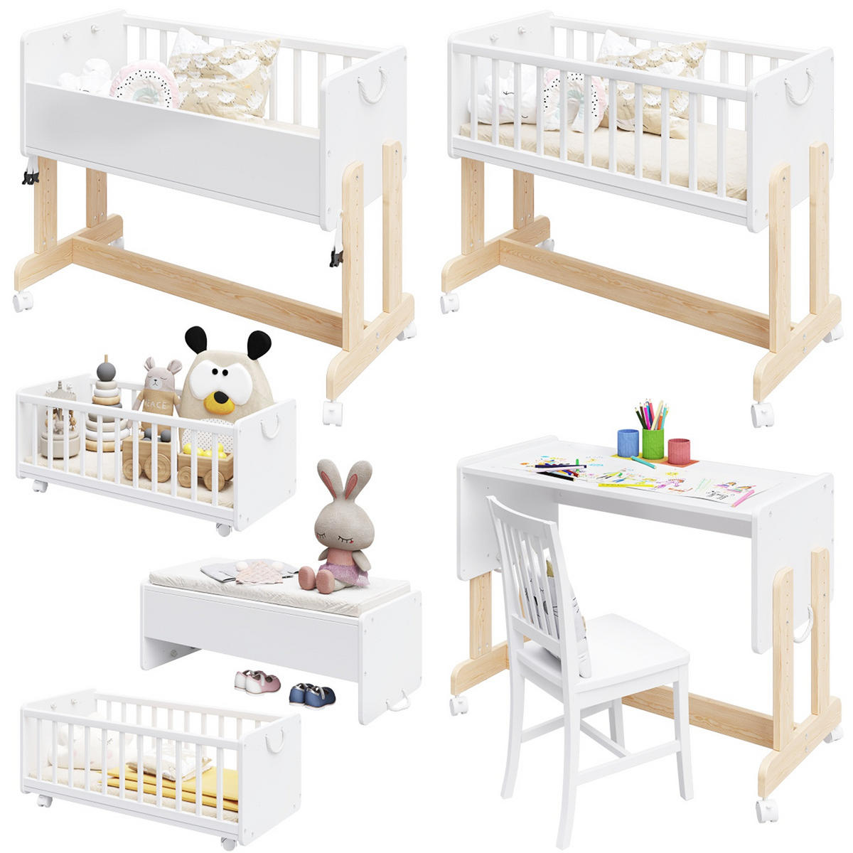 BEISTELLBETT Ornella, Wiege 5 in 1 inkl. Matratze Weiß und Kiefer - Kieferfarben, Holz (40/90cm) - Premiers Moments