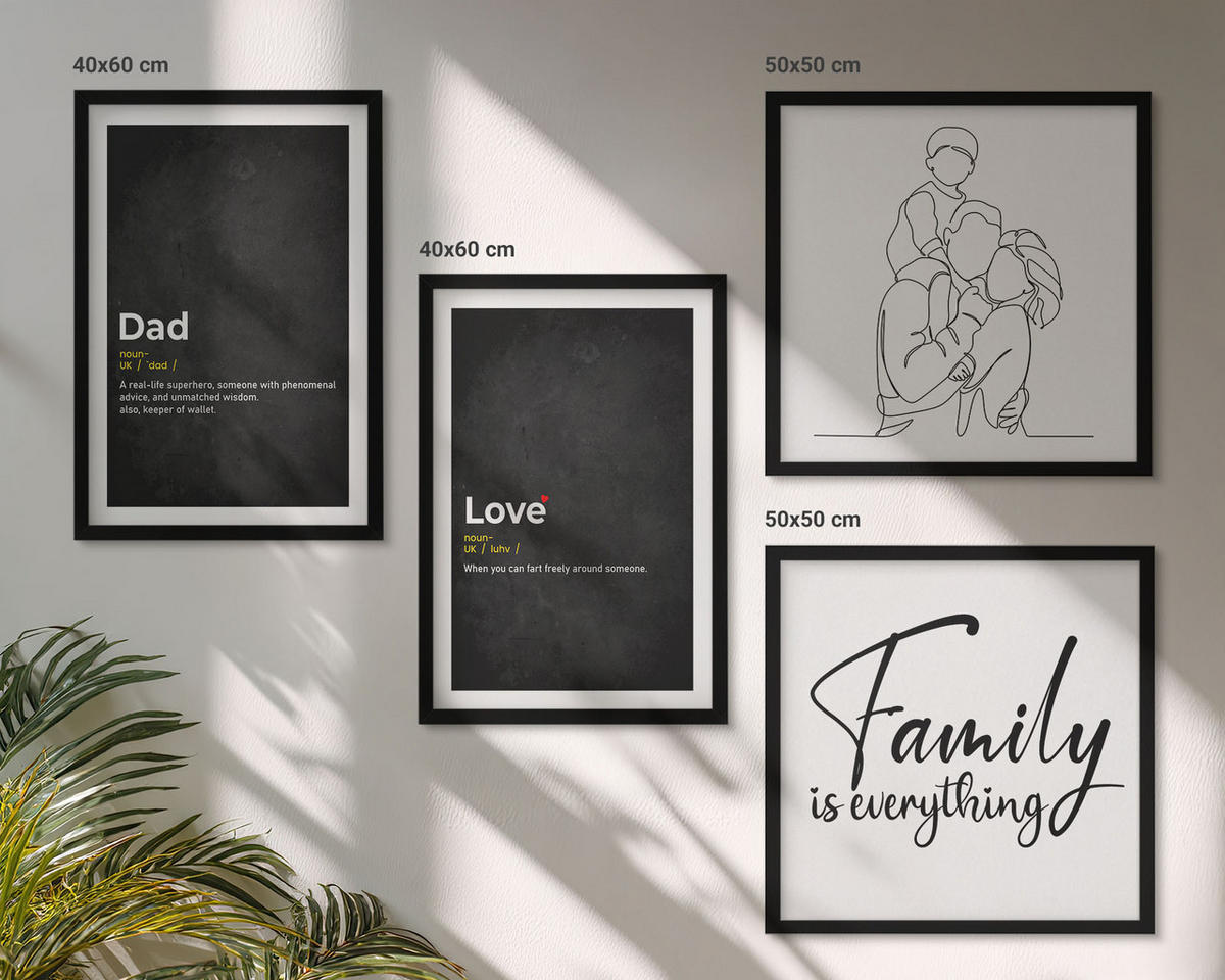 BILDER SET 4er Set - 50x50 cm & 40x60 cm Schwarzer Rahmen - Definitionen der Liebe in Familienzeichnungen - Schwarz, Kunststoff (50/50cm) - TULUP