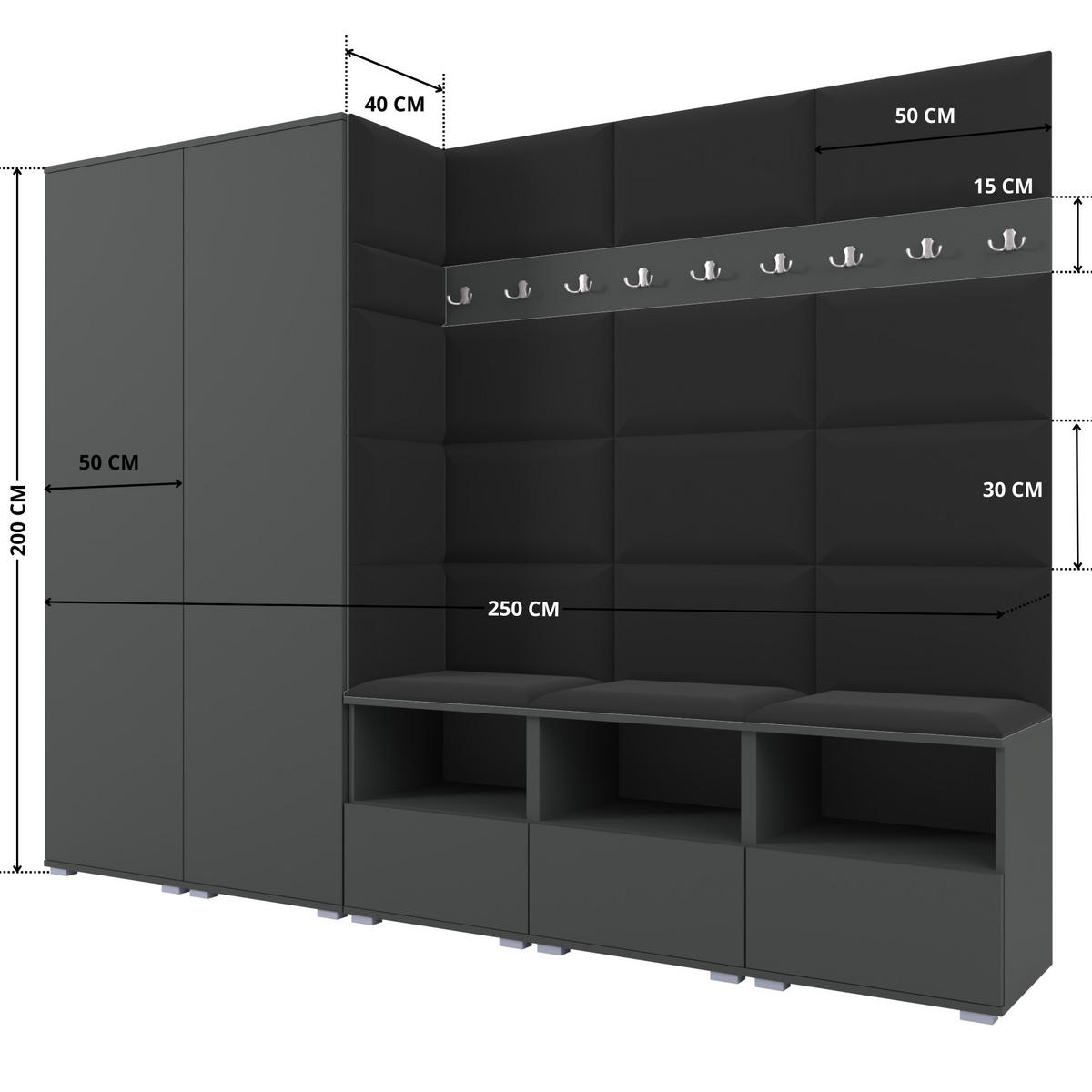 GARDEROBE NELA VII 250 cm (Modulare Flurmöbel XL Graphit mit Sitzpolster Schwarz 16 2 Schränke) - Silberfarben/Schwarz, Holz/Holzwerkstoff (250/187/40cm) - Ravio