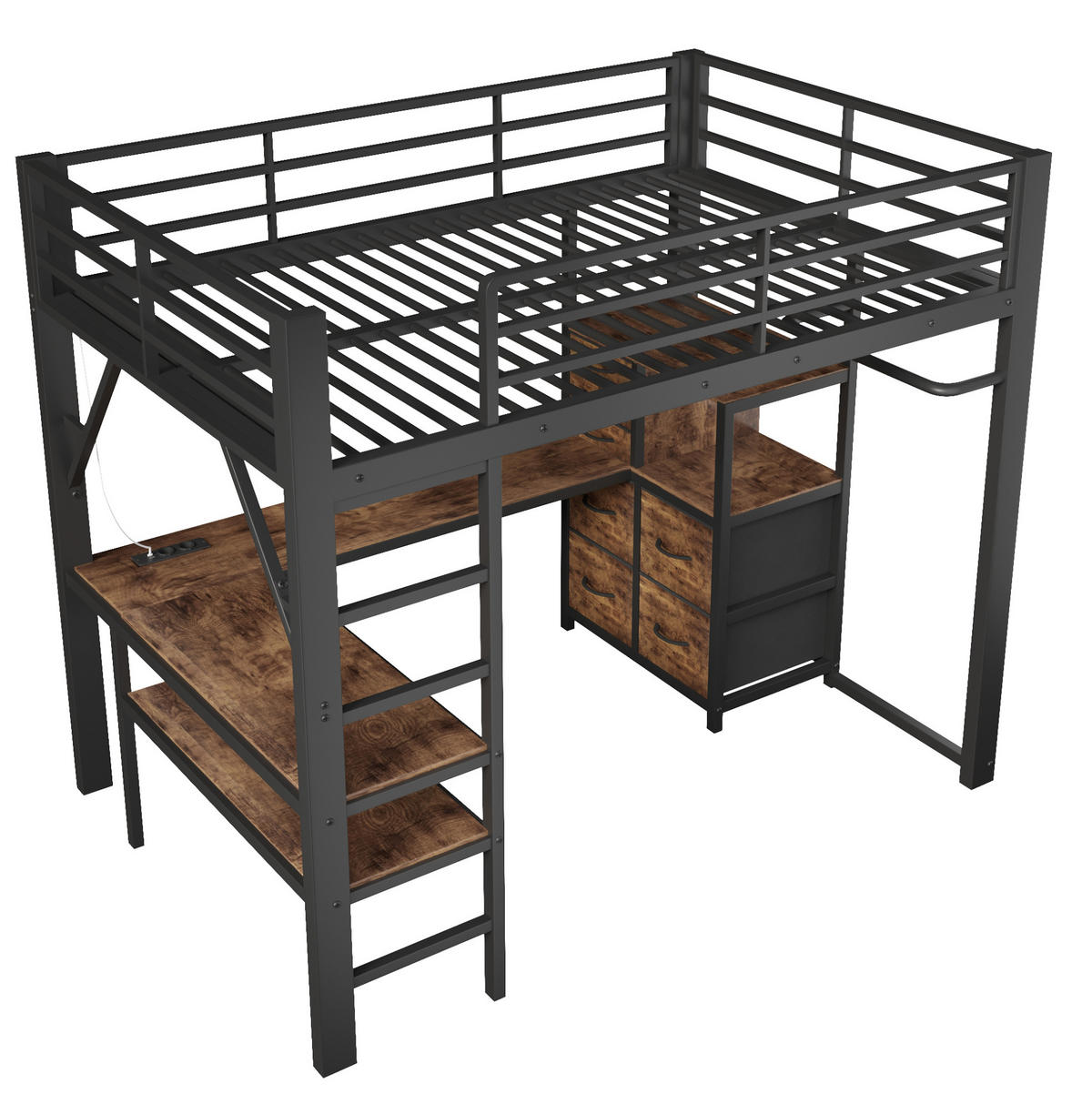 HOCHBETT aus Metall und MDF 140x200 cm Vintage-Braun-Schwarz mit Schreibtisch, LED und 7 Stoffschubladen - Schwarz, Metall (140/200cm) - Modfu