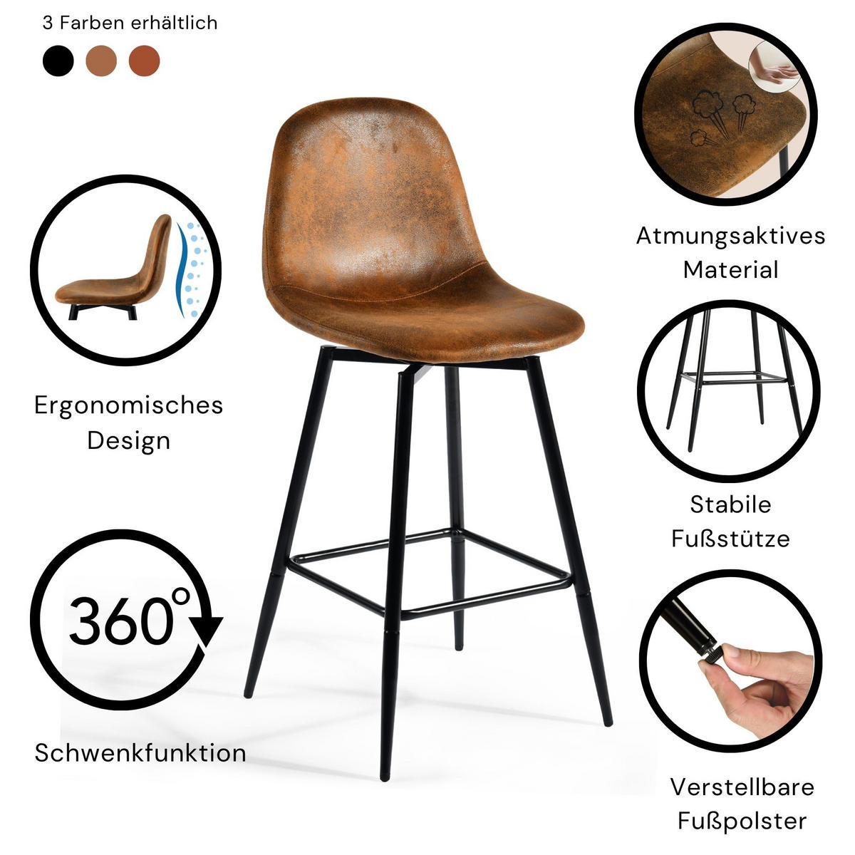 BARHOCKER Drehbare 2er-Set H67 CM - Schwarz/Braun, Textil/Metall (42.5/97/46.5cm) - Urban Meuble