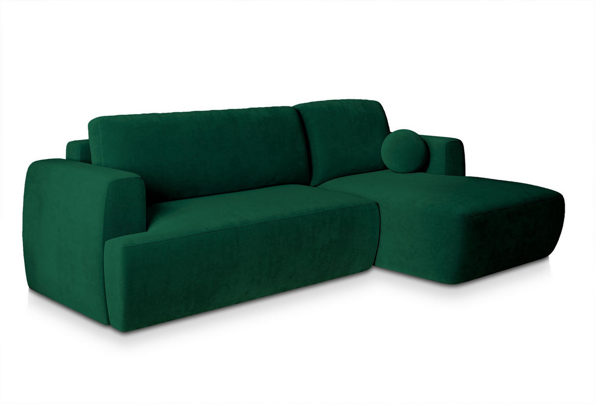 ECKSOFA SENTI K R-S Grün Plüsch-Stoff mit Schlaffunktion - Grün, Holz (246/148cm) - MASSENO