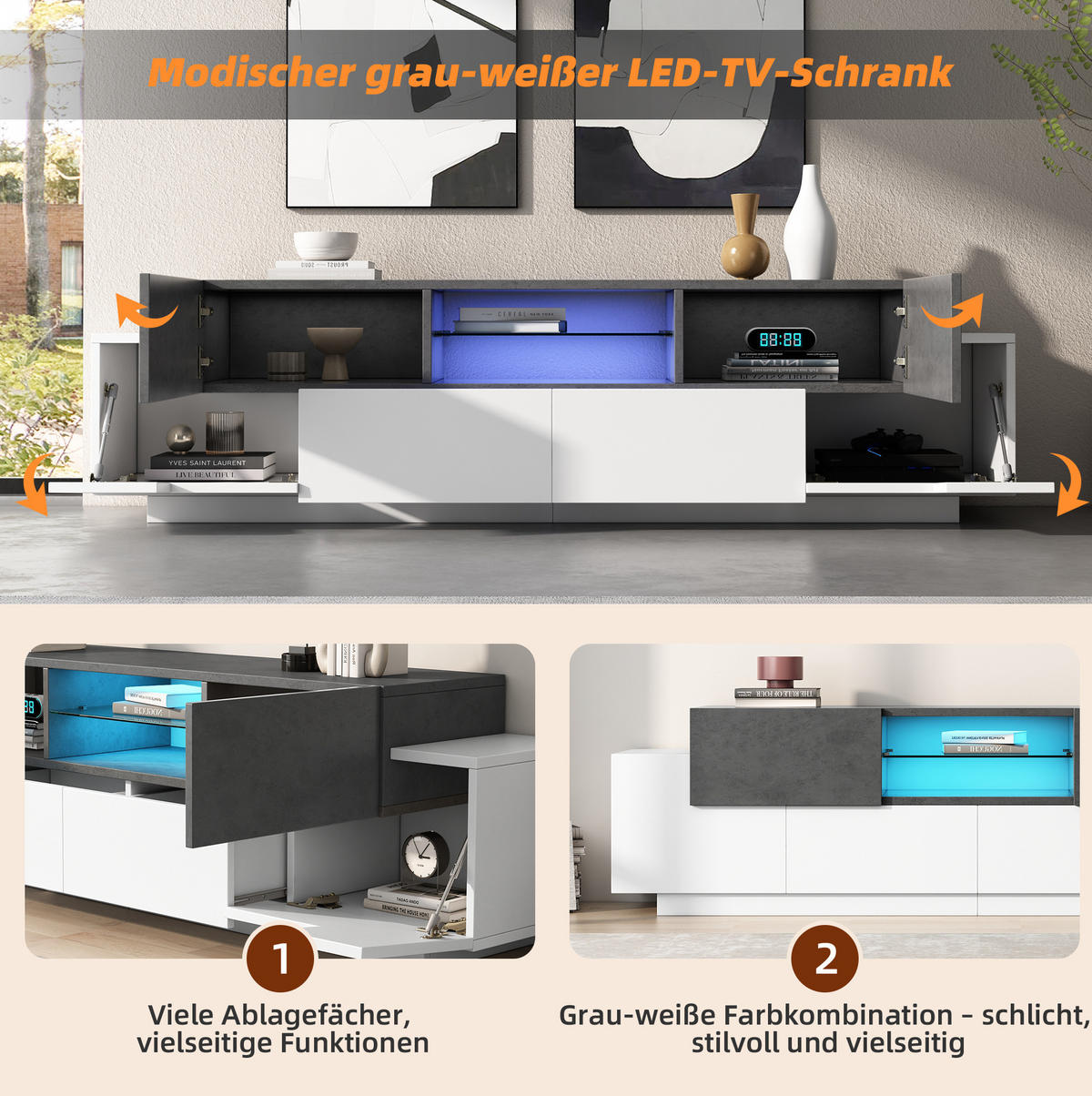 LOWBOARD 180/40/45 cm aus Spanplatte mit LED-Beleuchtung und Glasablagen Weiß/Grau - Weiß, Holzwerkstoff (180/45/40cm) - Modenvie