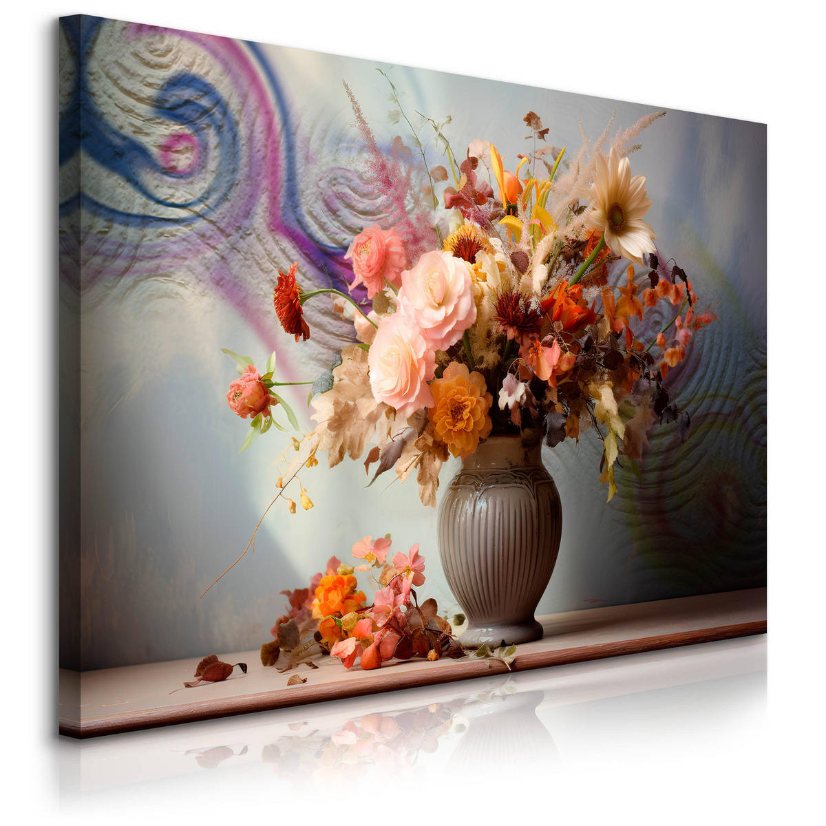 LEINWANDBILD für Wohnzimmer Ornamenten Blumenstrauß in Vase 30cm x 20cm - Blau/Beige, Textil (30/20cm) - Muralo