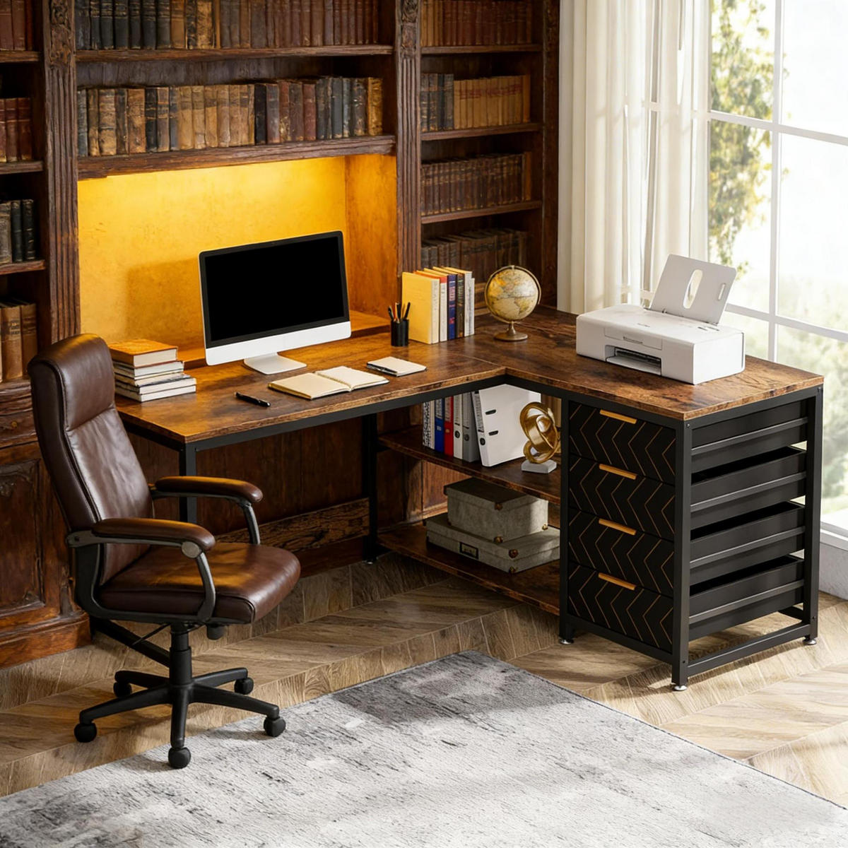 ECKSCHREIBTISCH L-Form mit Regal und 4 Schubladen Schwarz Rustic Brown - Schwarz, Metall (150/110/75cm) - Meubliv