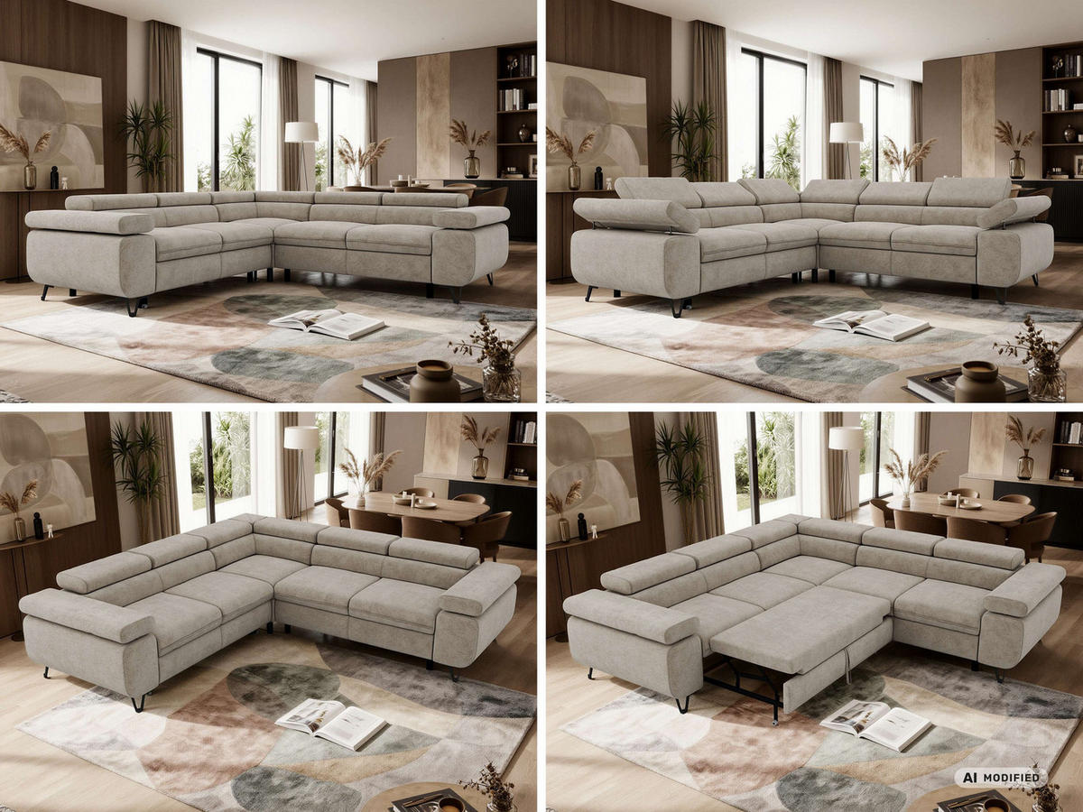 ECKSOFA QUADRO L - Greige Stukture - Rechts Seite - Greige/Schwarz, Textil/Metall (269/269cm) - MKS