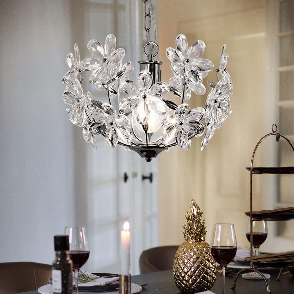 LED HÄNGELEUCHTE Chrom Klar Blüten Design - Klar, Metall (34/34/87cm) - Globo Lighting