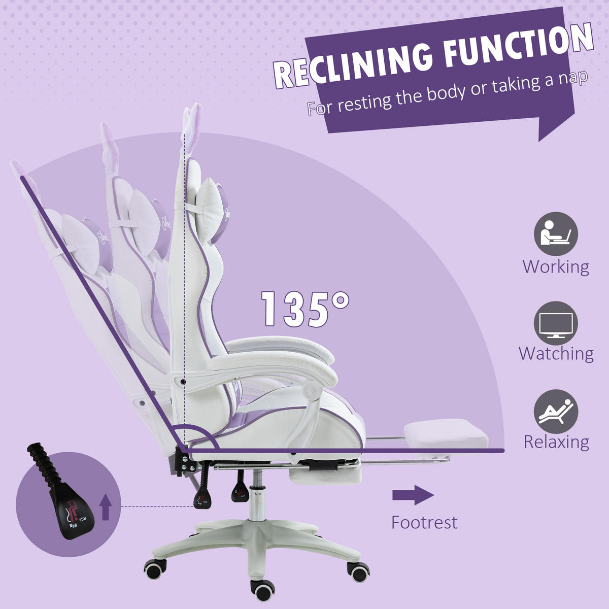 GAMING Stuhl Ergonomischer Gamer Stuhl mit Lendenwirbelstütze, Fußstütze - Violett, Leder (63/142/65cm) - Vinsetto
