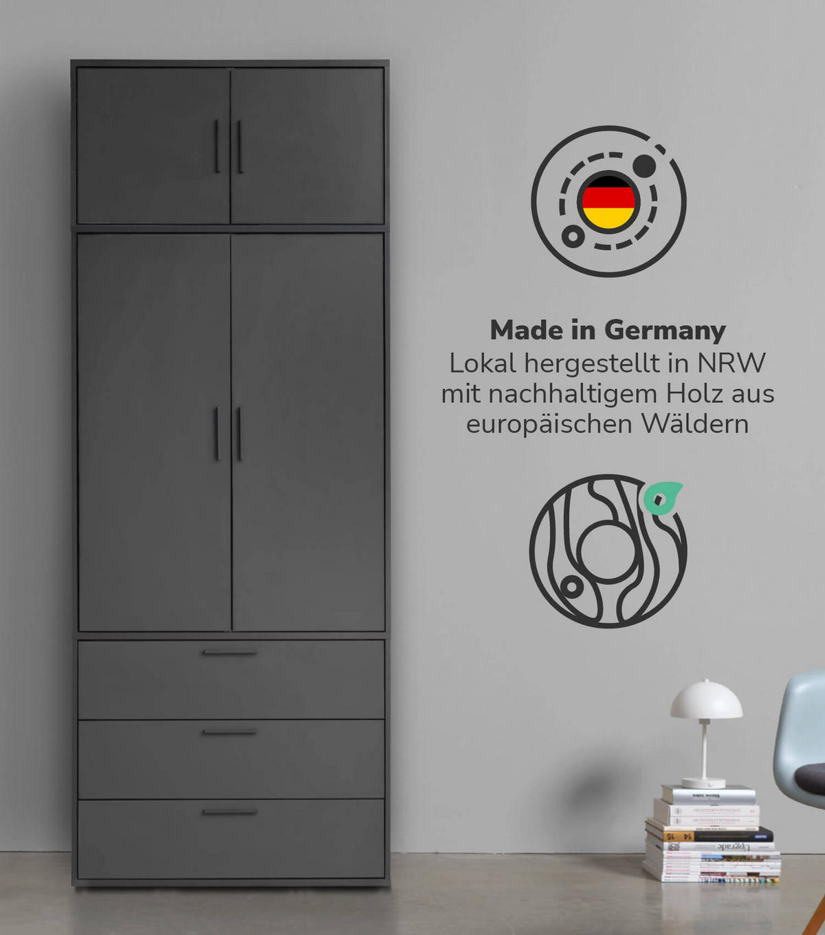 KLEIDERSCHRANK Der Grenzenlose - Anthrazit, Holzwerkstoff (90/234/58cm) - Mokebo