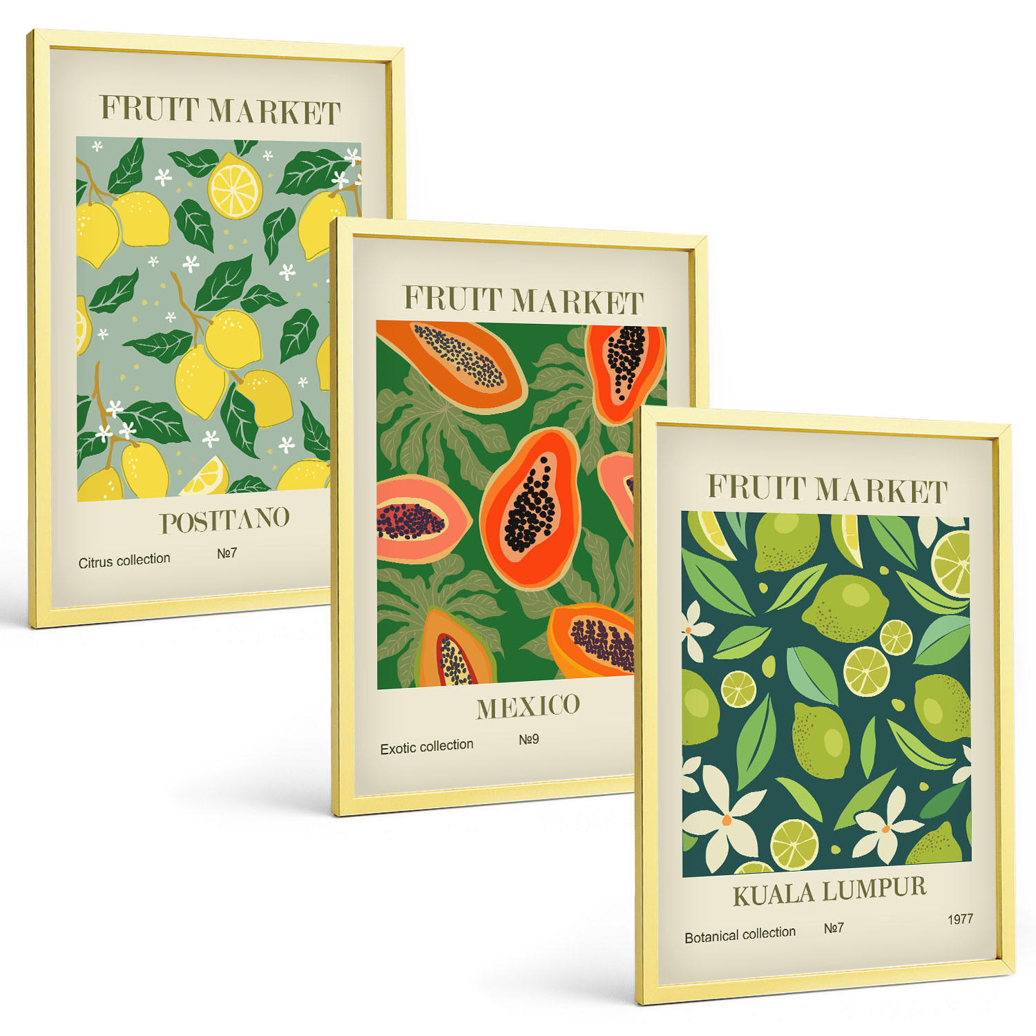 BILDER SET 3er Set - 40x60 cm Goldrahmen - Fruchtige Zitronen- und Papayamuster - Goldfarben, Kunststoff (40/60cm) - TULUP