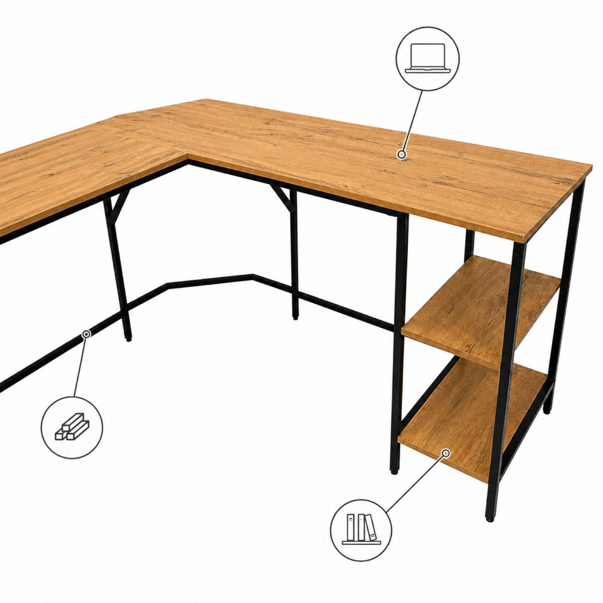 ECKSCHREIBTISCH MDF Metall Erle Dunkelbraun mit Schublade und Regalfächern 149x149x74.5 cm - Erlefarben, Holzwerkstoff/Metall (149/149/75cm) - Begryf