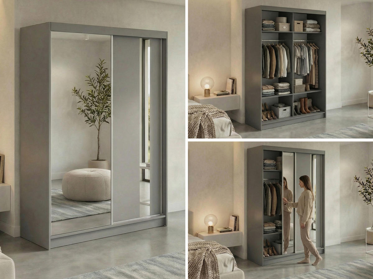 SCHWEBETÜRENSCHRANK 150 - GRECJA - Grau mit Spiegel - Alufarben/Grau, Holzwerkstoff/Metall (150/216/61cm) - MKS