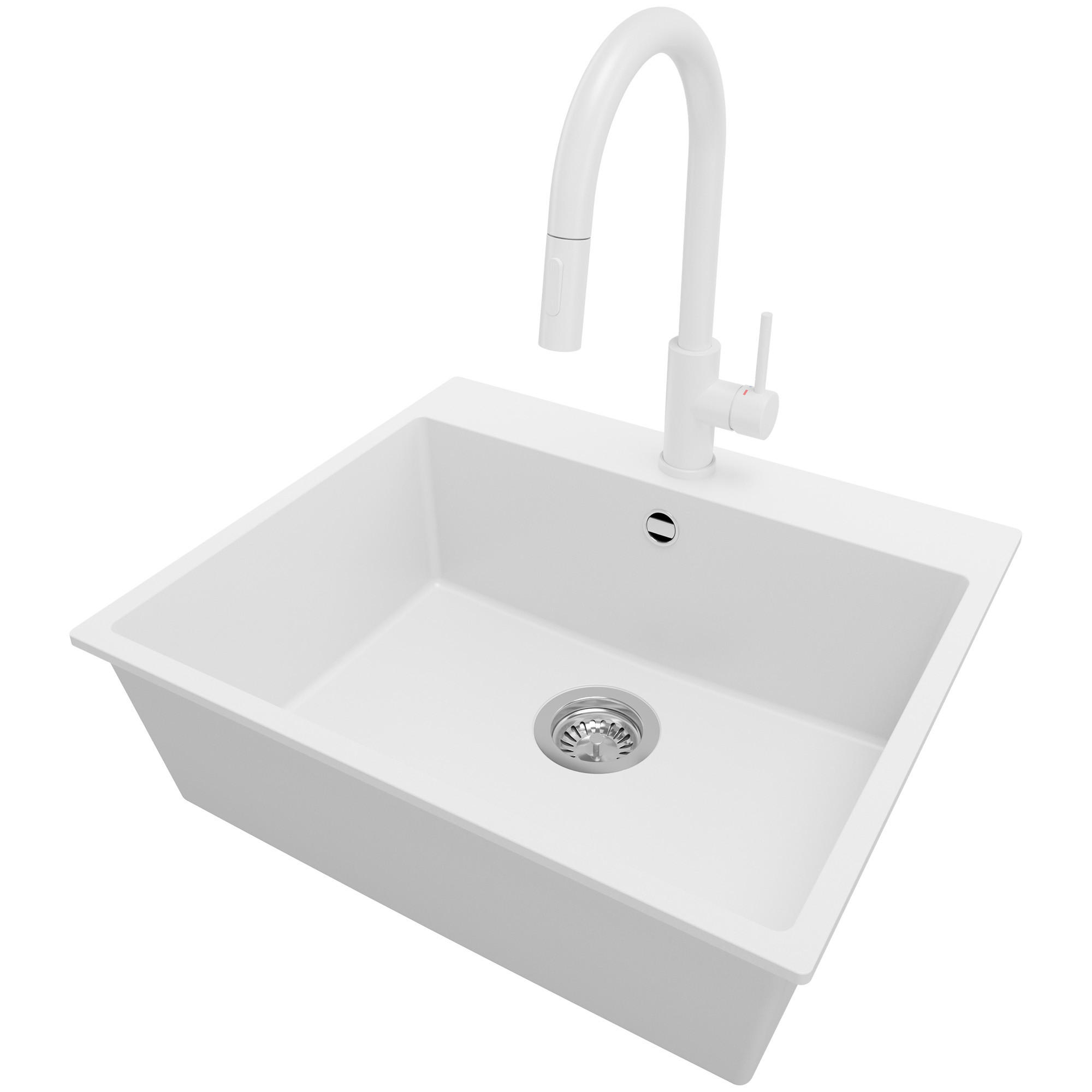 GRANITSPÜLE Riga, 2-er set Weiß 58/50 cm 1 Becken + Küchenarmatur 40/20 cm + Ablauf-Set ab 60er Unterschrank - Chromfarben/Weiß, Kunststoff (58/20/50cm) - Primagran