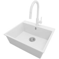 GRANITSPÜLE Riga, 2-er set Weiß 58/50 cm 1 Becken + Küchenarmatur 40/20 cm + Ablauf-Set ab 60er Unterschrank - Chromfarben/Weiß, Kunststoff (58/20/50cm) - Primagran