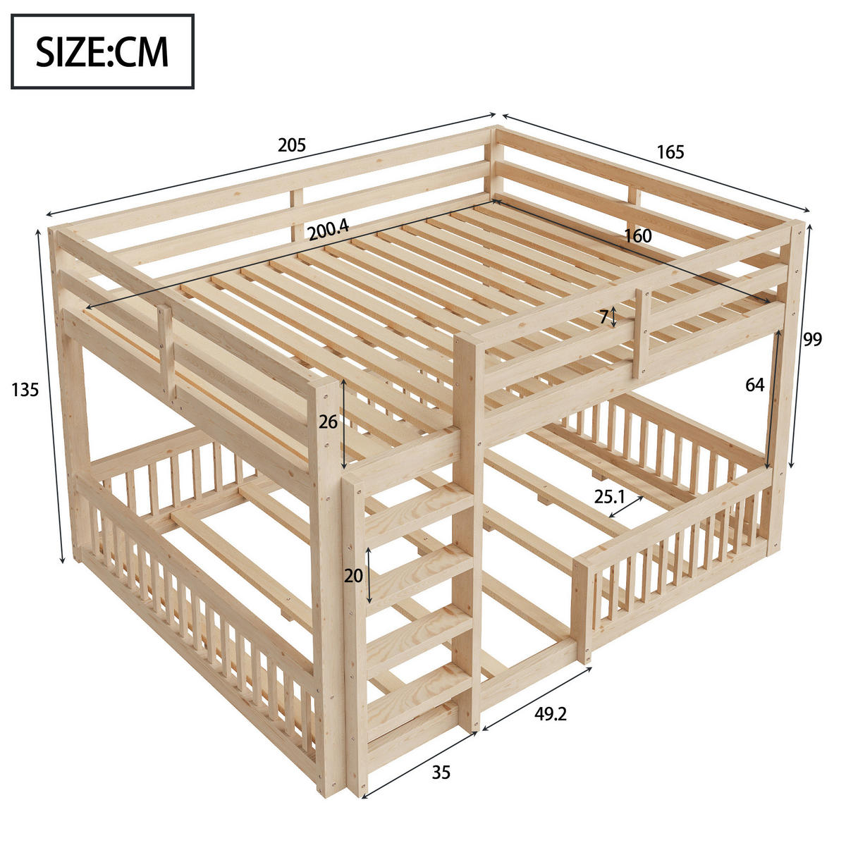 ETAGENBETT 160/200 cm Natürlich mit Schutzgittern aus Massivholz - Naturfarben, Holz (160/200cm) - MIVRAY