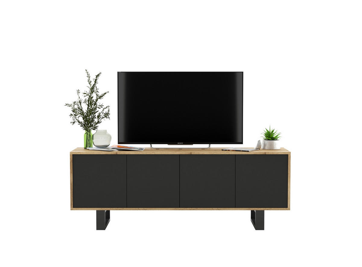 TV-SCHRANK Apollo2 Eiche wotan Schwarz Matt mit Metallbeinen 150 cm - Schwarz, Holzwerkstoff/Metall (150/53/35cm) - Meble Lindner