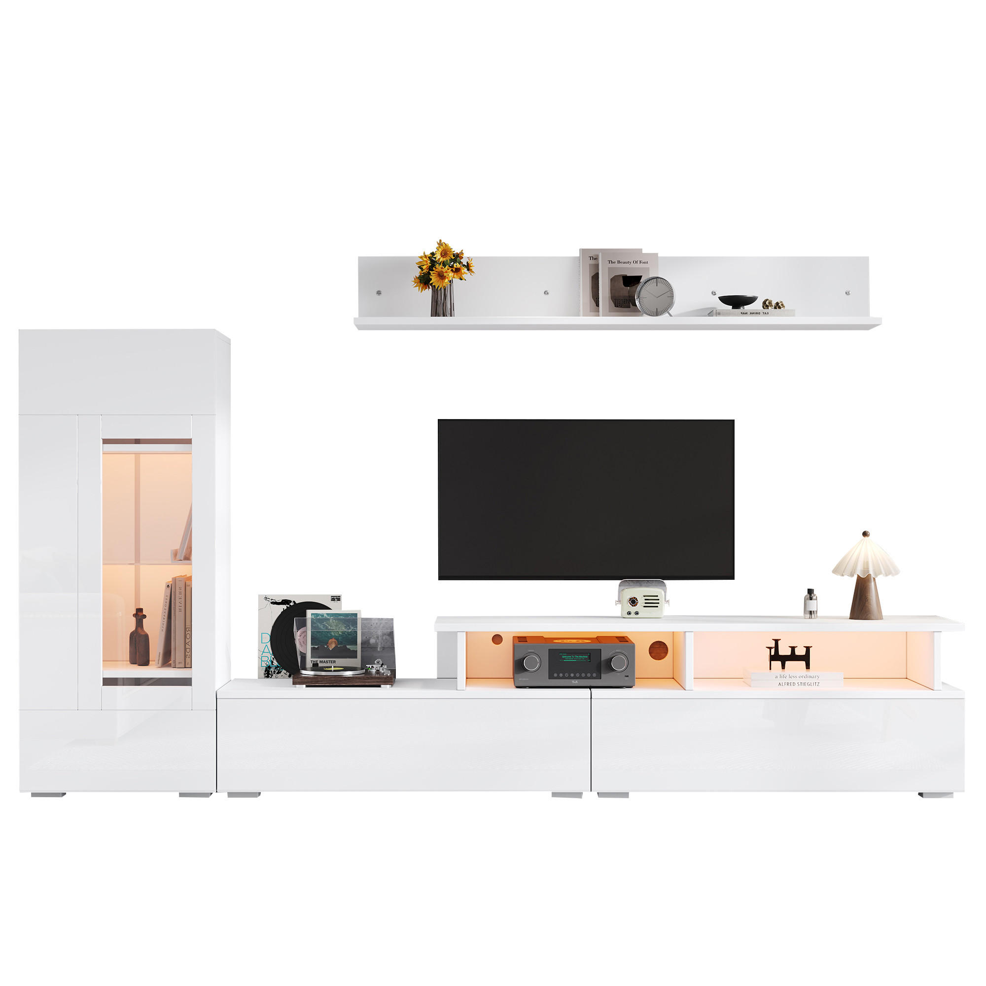 WOHNWAND 3-teilig LED Hochglanz Weiß TV Schrank - Weiß, Holzwerkstoff (170/45/35cm) - FLIEKS