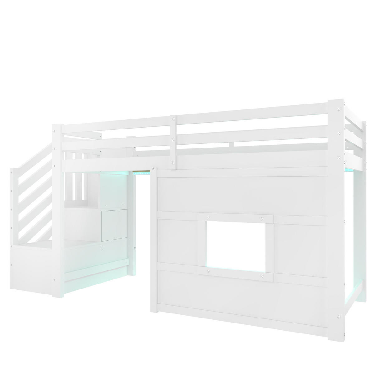 HOCHBETT 90/200 cm, Weiß mit Stauraumtreppe, Fenster und LED - Weiß, Holz (90/200cm) - MIVRAY