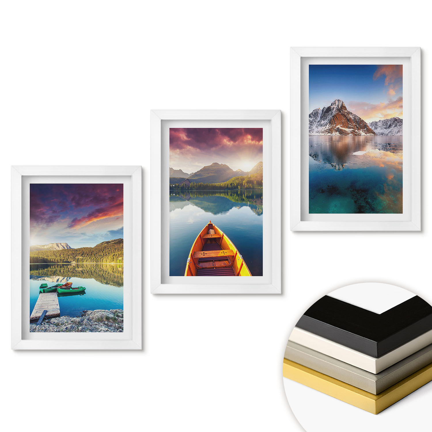 WANDBILDER 3er-Set - 20x30 cm Weißer Rahmen - Seen, Berge, Boote, Frieden - Weiß, Kunststoff (20/30cm) - ArtPrintCave