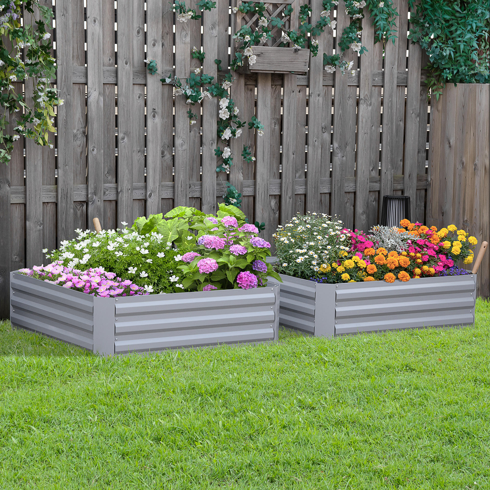 PFLANZENBEET-SET, Pflanzkübel, Blumenkübel für Garten, Terrasse, Verzinkter Stahl, Grau, 100 x 100 x 30 cm - Grau, Holz (100/30/100cm) - Outsunny