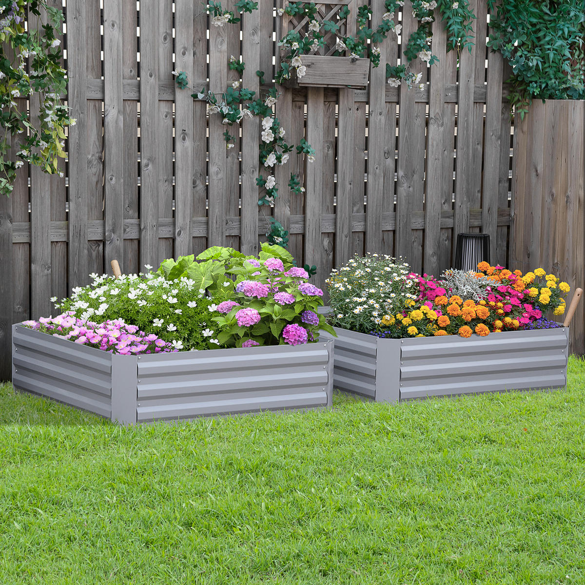 PFLANZENBEET-SET, Pflanzkübel, Blumenkübel für Garten, Terrasse, Verzinkter Stahl, Grau, 100 x 100 x 30 cm - Grau, Holz (100/30/100cm) - Outsunny