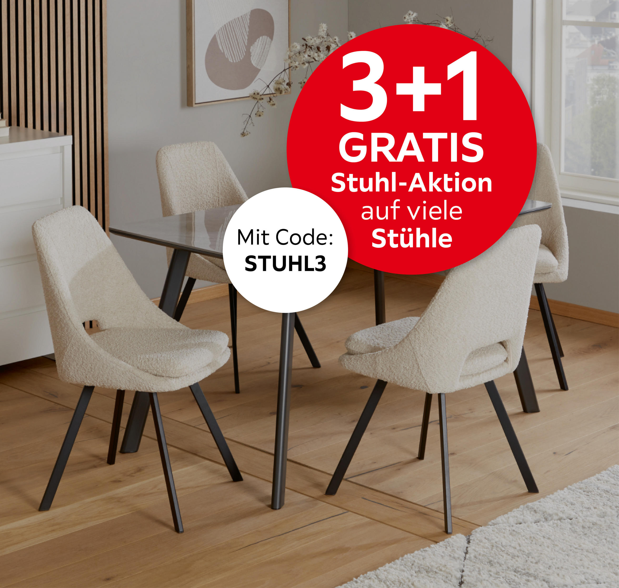 3+1 GRATIS Stuhl-Aktion auf viele Stühle; Mit Code: STUHL3