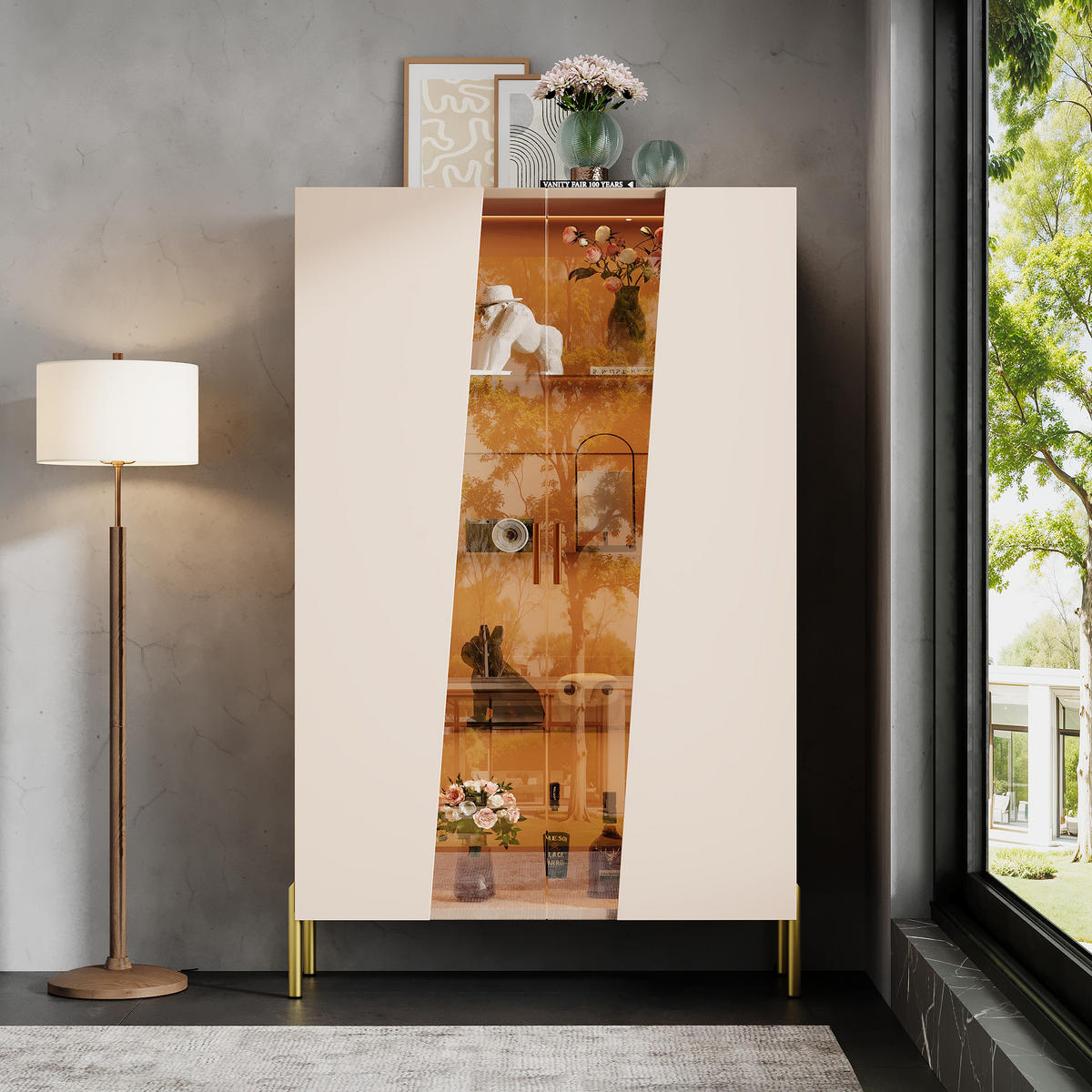 VITRINE 72x40x145 cm mit LED und Glastür - Beige, Holzwerkstoff (72/145/40cm) - FLIEKS