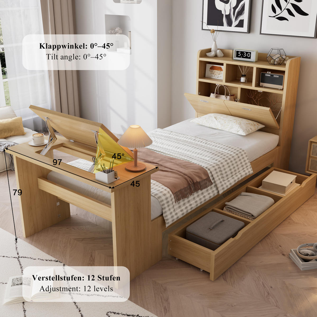 EINZELBETT 90/200 cm Natur mit Bettkasten und Klapptisch ohne Matratze - Naturfarben, Holz (90/200cm) - MIVRAY