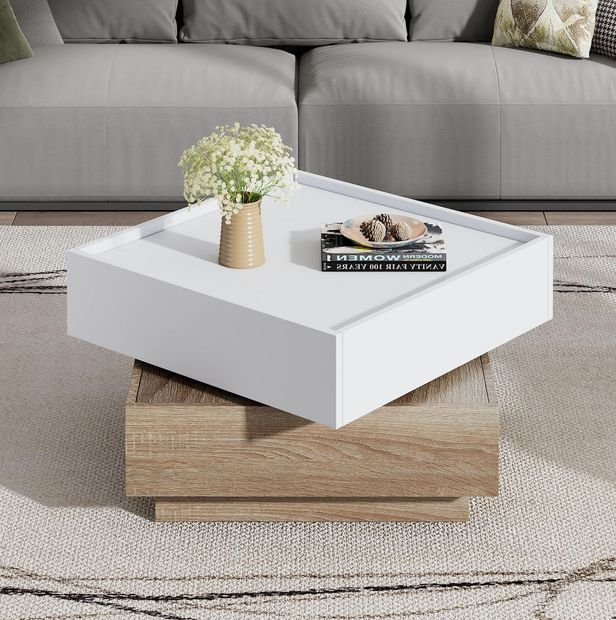 COUCHTISCH, 360° drehbar, Weiß/Walnuss mit Furnier, 2 Schubladen, 60/60/38 cm,Weiß - Weiß, Holzwerkstoff (60/60/38cm) - Redom