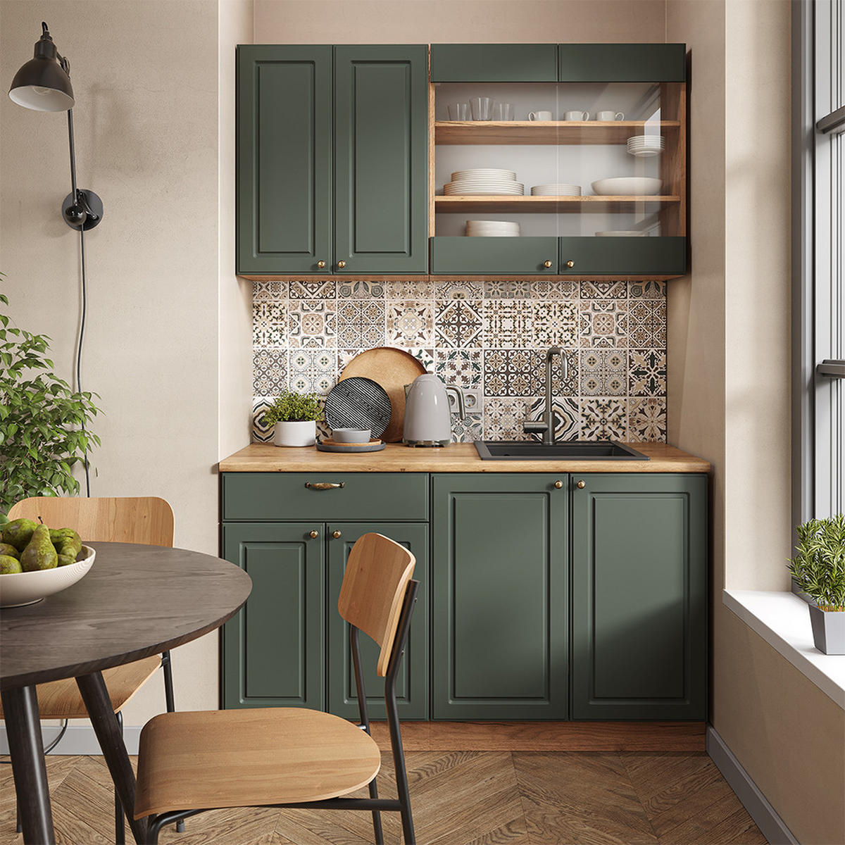 SINGLEKÜCHE Fame-Line Grün-Gold Landhaus/Goldkraft Eiche 140 cm AP Eiche - Honigeiche/Grün, Holzwerkstoff (140/81.6/60cm) - Vicco