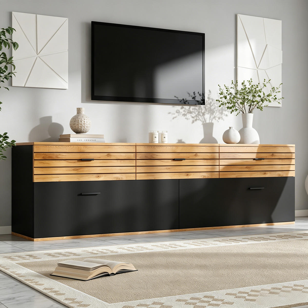TV-ELEMENT168X38X59CM Holz-Schwarz für 65-Zoll TV mit 3 Schubladen - Naturfarben, Holz (45.01/23.01/68.5cm) - Raelunyi