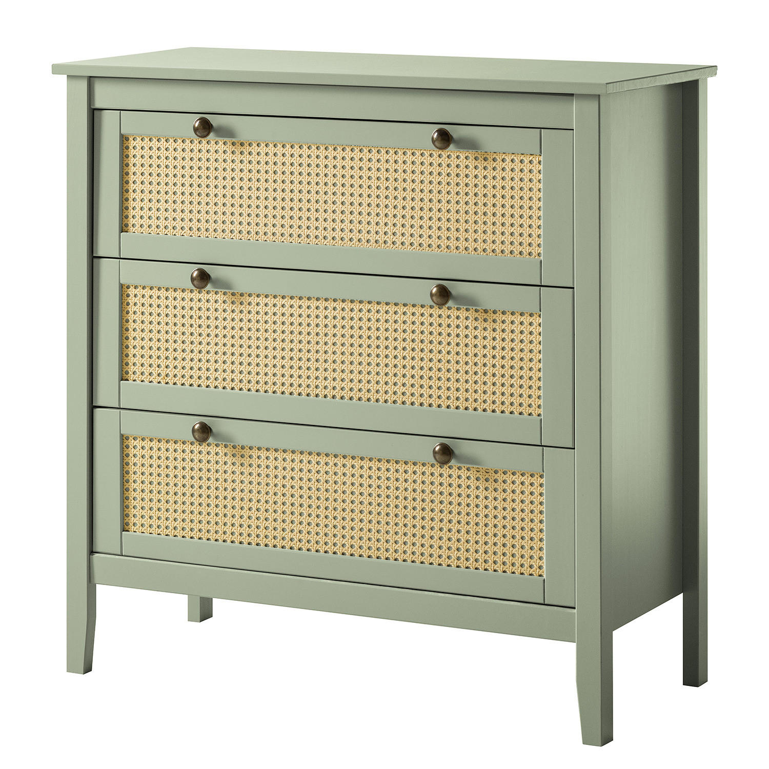 KOMMODE - Kiefer massiv / Wiener Geflecht - Olivgrün, Holz (90/90/40cm) - home24