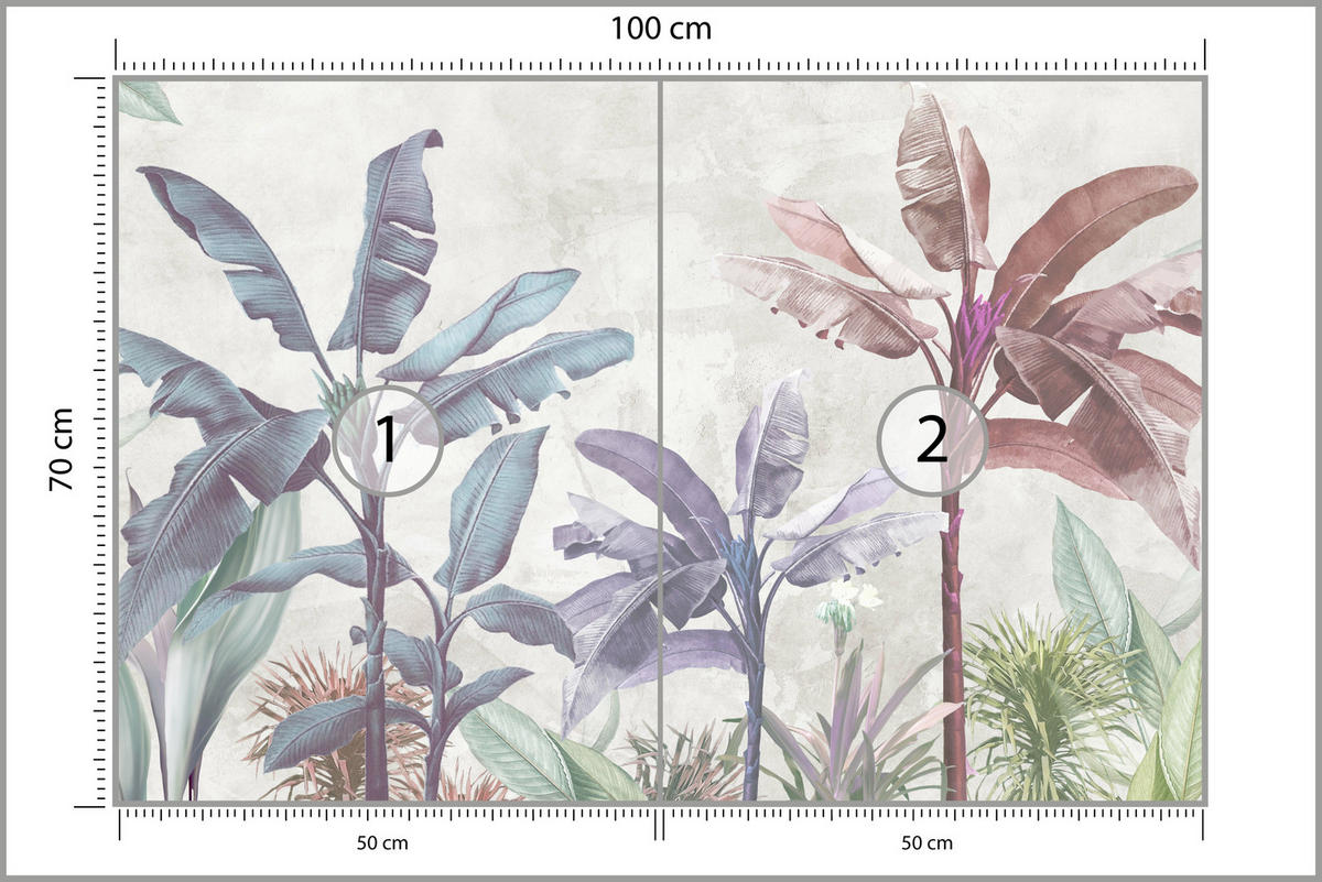 FOTOTAPETE für Schlafzimmer Bunte Bananenblätter Tropen Bäume 100x70 - Beige/Rot, Papier (100/70cm) - Muralo