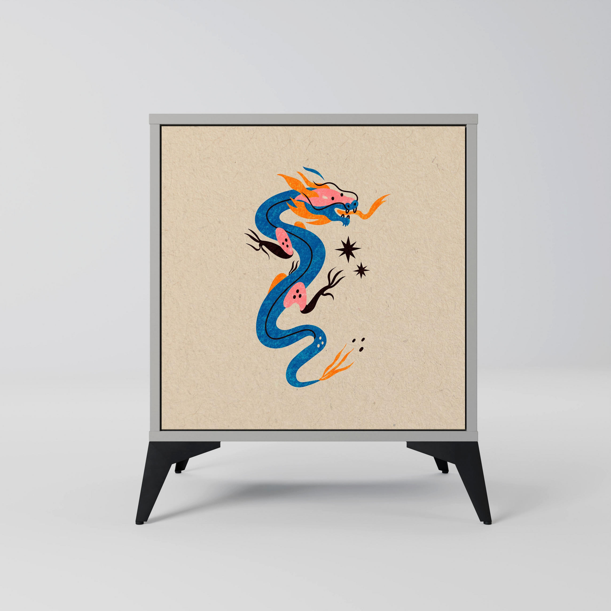 SIDEBOARD MYTHOLOGICAL CREATURES, Grau, 57,5x42x70,5 cm, Schwarze Metall-Sternfüße - Multicolor/Schwarz, Holzwerkstoff/Metall (57.5/70.5/42cm) - SpaceRebels