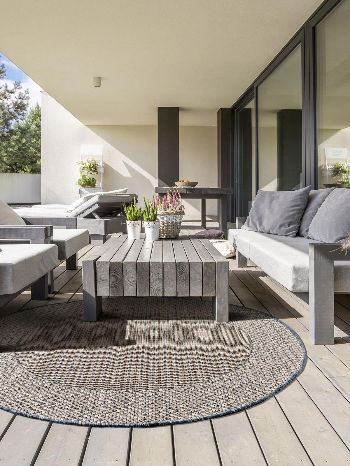 OUTDOORTEPPICH rund River Beige/Blau ø 130 cm rund - Blau/Beige, Kunststoff (130/1cm) - KUNSTLOFT