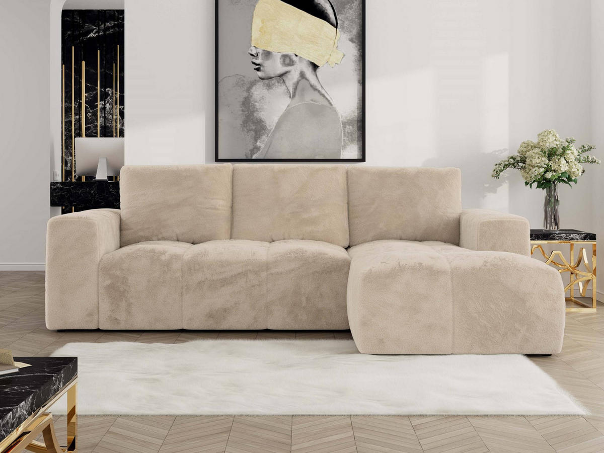 ECKSOFA MONIVA Creme Plüsch - Rechts - Creme/Schwarz, Textil (266/164cm) - MKS