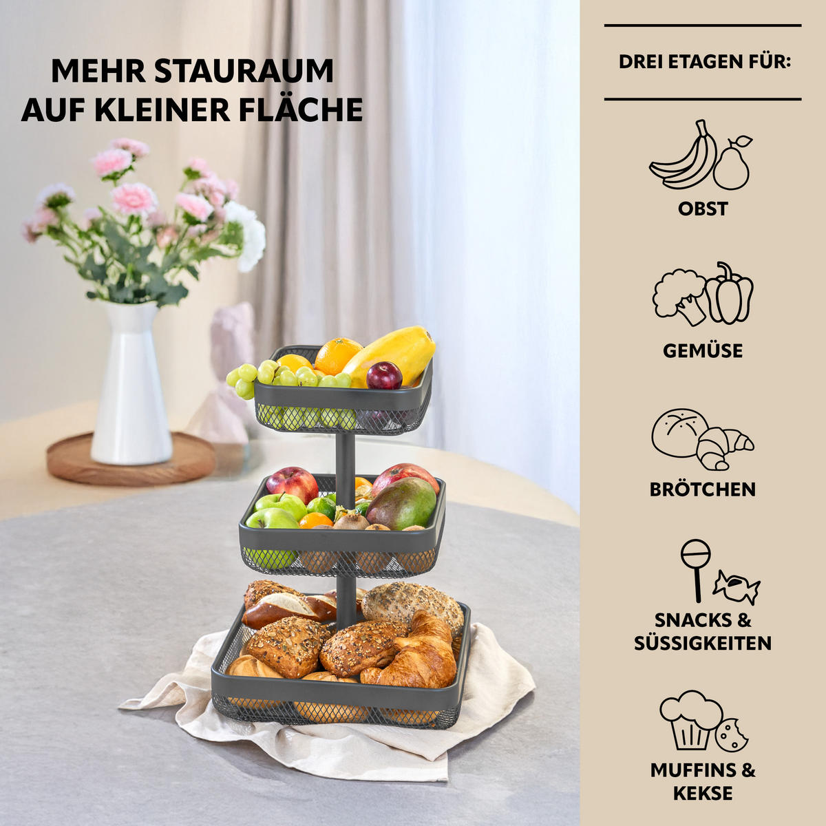 OBSTETAGERE 3-STÖCKIG eckig Metall grau - Grau, Metall (42cm) - eluno